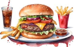 ai generato acquerello pittura di un' dall'aspetto delizioso hamburger e patatine fritte. png