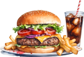 ai gerado aguarela pintura do uma aparência deliciosa hamburguer e fritas. png