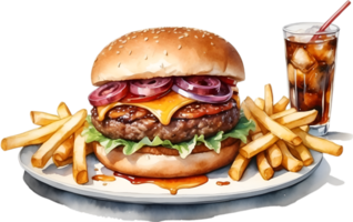 AI generated Watercolor painting of a delicious-looking Burger and fries. png