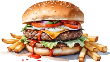 ai gegenereerd waterverf schilderij van een heerlijk uitziend hamburger en Patat. png