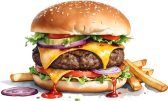 ai generado acuarela pintura de un delicioso hamburguesa y papas fritas png