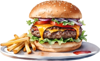 ai gerado aguarela pintura do uma aparência deliciosa hamburguer e fritas. png