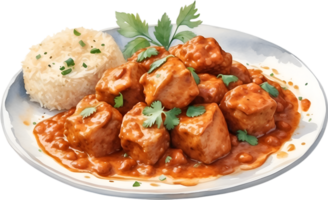 AI generated Watercolor painting of a delicious-looking Chicken Tikka Masala. Ai-generated. png