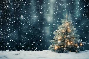 AI generated illuminated pine christmas tree snowy forest night photo