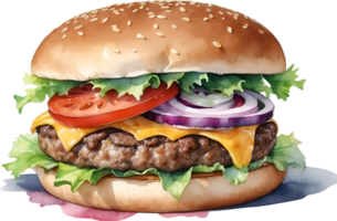 ai generiert Aquarell Gemälde von ein sieht köstlich aus Burger. png