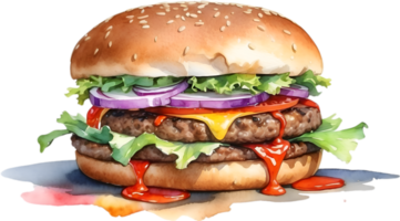 AI generated Watercolor painting of a delicious-looking burger. png