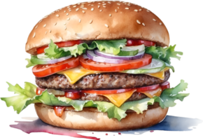 AI generated Watercolor painting of a delicious-looking burger. png