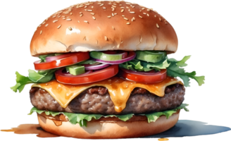AI generated Watercolor painting of a delicious-looking burger. png