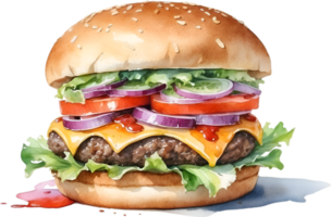 AI generated Watercolor painting of a delicious-looking burger. png