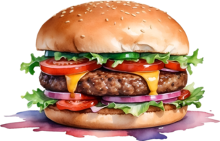 AI generated Watercolor painting of a delicious-looking burger. png