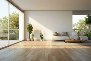 AI generated Empty white room with a wooden floor and plants. minimal with copy space photo