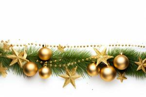 AI generated Christmas composition of fir tree branches with baubles on white background photo