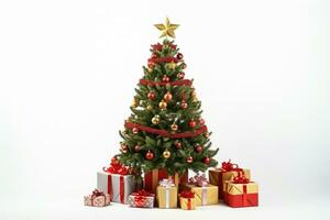 AI generated decorated Christmas tree with gift boxes on white background photo