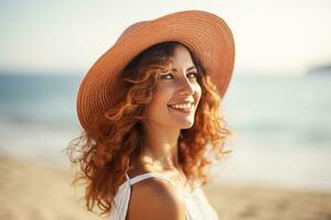 AI generated closeup shot of Young happy woman summer vacation at the beach photo