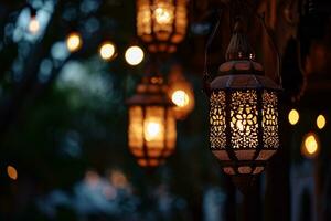 AI generated An illuminated Arabic colorful hanging Ramadan lantern photo