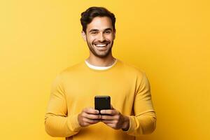 AI generated man looking at phone standing isolated on yellow background photo