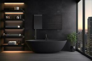 AI generated 3d rendered Minimal style black theme Modern bathroom interior design with bathtub photo