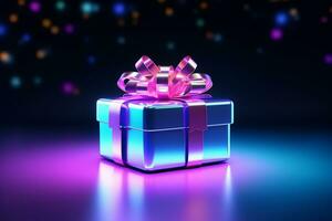 AI generated Realistic gift box with magical shining blue open gift box with magical light photo