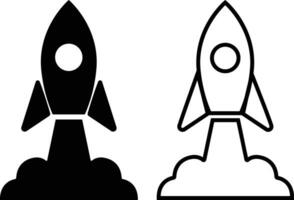 Rocket launch icon in flat, line set isolated on Startup Rocket ship with fire, Flying rocket Space travel. Project start up sign. Creative idea symbol. vector for apps, web