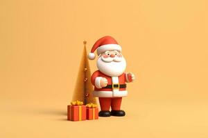 AI generated 3d rendered minimal santa clause with christmas tree and gifts on pastel background photo