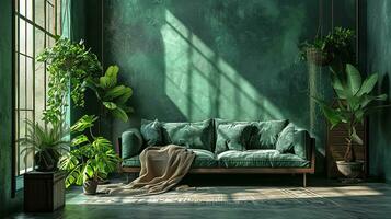 AI generated living room interior design with sofa minimal aesthetic light green velvet 3d rendered photo