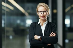 AI generated Portrait of successful and happy businesswoman in office smiling and looking at camera with crossed arms photo