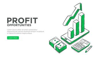 Profit growth concept. Isometric hand drawn vector illustration of profit growth vector concept for web design