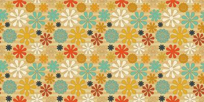 A retro style seamless pattern with a hippie flower aesthetic design and striped vector background. Print surface for textiles, wrapping, and webs.