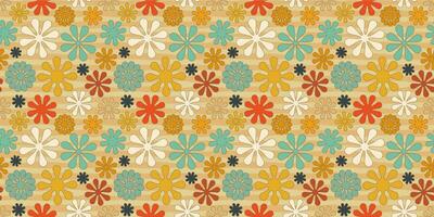 A retro style seamless pattern with a hippie flower aesthetic design and striped vector background. Print surface for textiles, wrapping, and webs.