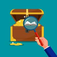 Use a magnifying glass to look at the books in the treasure chest vector