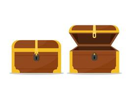 closed and opened brown wooden pirate chests with golden metal stripes and keyhole vector