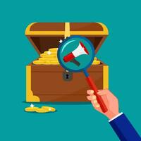 Use a magnifying glass to look at the megaphone in the treasure chest vector