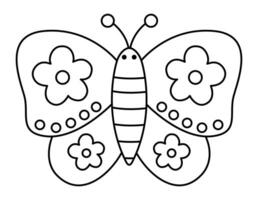 Vector black and white cute decorated butterfly with flowers. Cute line wedding insect. Funny animal clipart element or coloring page