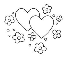 Vector black and white abstract line illustration with hearts and flowers. Cute wedding, marriage, love symbol clipart element for bride and groom. Cartoon Saint Valentine background or coloring page