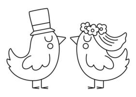Vector black and white bride and groom birds in veil with flowers and hat. Cute wedding line animals. Funny marriage clipart element. Just married kissing couple. Cartoon ceremony coloring page