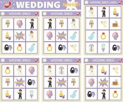 Vector wedding bingo cards set. Fun family lotto board game with cute bride and groom for kids. Marriage ceremony lottery activity. Simple educational printable worksheet.