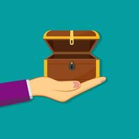 hand holding an empty treasure chest. Flat style vector