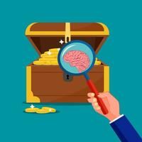 Use a magnifying glass to look at the brain in the treasure chest vector