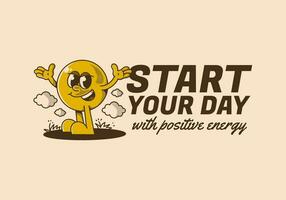 Start your day with positive energy. Ball head character with hands up and happy expression vector