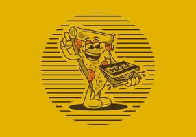 Character of pizza holding a box pizza vector