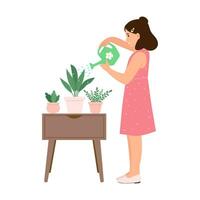 contento niño riego flores en el maceta con riego lata casa quehaceres y rutina. plano vector ilustración