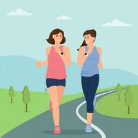Happy women running outdoor together. Sport activity, healthy lifestyle. . Simple landscape background.  Flat vector illustration
