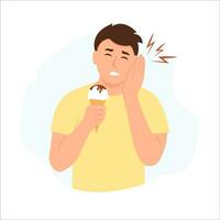 Man with sensitive teeth. Boy having toothache while eating ice cream waffle cone. Dental problem concept vector illustration.l problem concept vector illustration.