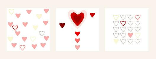 Set of three Valentine's Day cards decorated with red and cream hearts. Pink to red color tone. vector