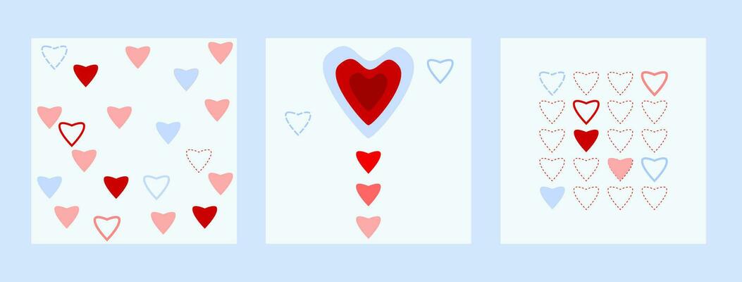 Set of three Valentine's Day cards decorated with red, blue, and cream hearts. Blue and red color tone.