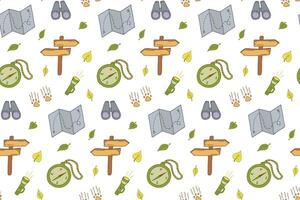 Vector Backpacking Seamless Pattern. Trekking and Hiking Colorful Doodle Background. Local Tourism Equipment for Summer Camp