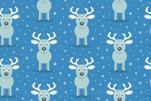 Cute Gray Reindeer Seamless Pattern. Vector Blue Background with Snowflakes. Christmas Deer Character. Design for Wrapping Paper, Fabric or Wallpaper