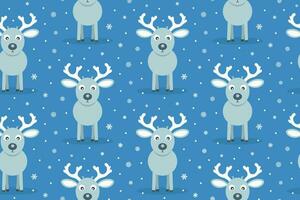 Cute Gray Reindeer Seamless Pattern. Vector Blue Background with Snowflakes. Christmas Deer Character. Design for Wrapping Paper, Fabric or Wallpaper