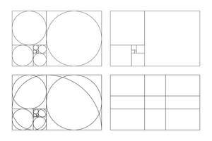 Golden ratio templates. Method golden section. Harmony proportions. Fibonacci array, numbers. Collection of golden proportions. Vector illustration.