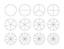 Segmented charts. Pizza, pie chart template. Segments infographic icons. Many number of sectors divide the circle on equal parts. Outline black thin graphics. Set of charts. Diagram wheel parts. Eps. vector